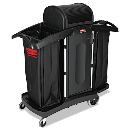 Rubbermaid Commercial Hi-Security Housekeeping Cart, 2-Shelf, 22w x 51.75d x 53.5h, Blk/Slvr FG9T7800BLA